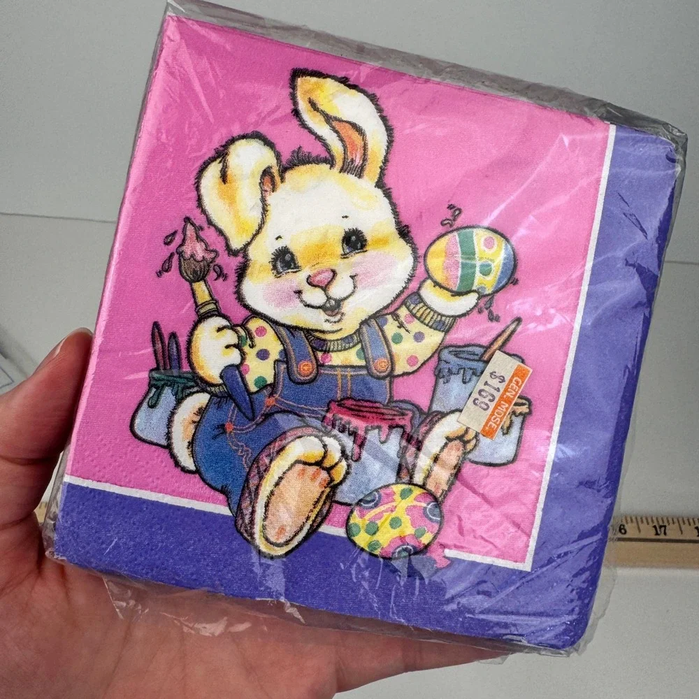 Vtg Paper Creations Easter Bunny Rabbit Beverage Napkin 5x5in Tablecover 48x88in